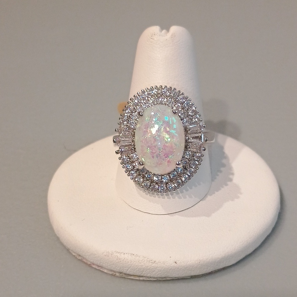 Oval Opal Cocktail Ring With Imitation Rhodium & CZ Halo size 6-10 - Picture 7 of 8